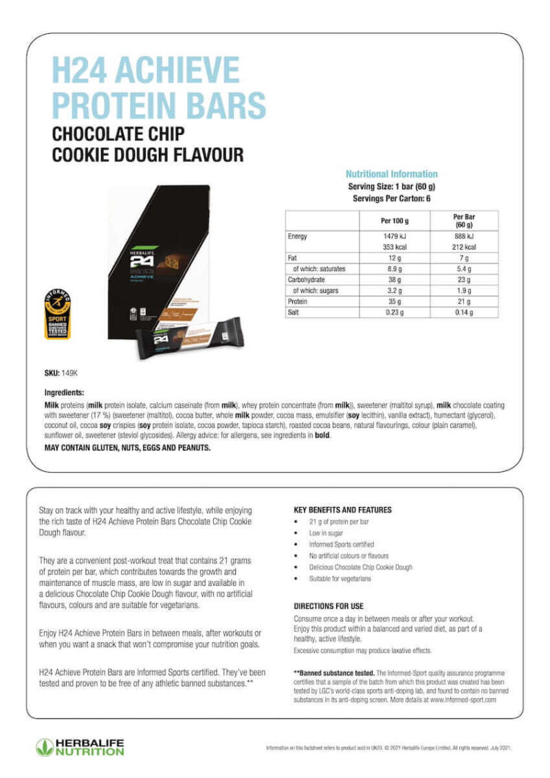 herbalife nutrition achieve 24 protein bars product fact sheet