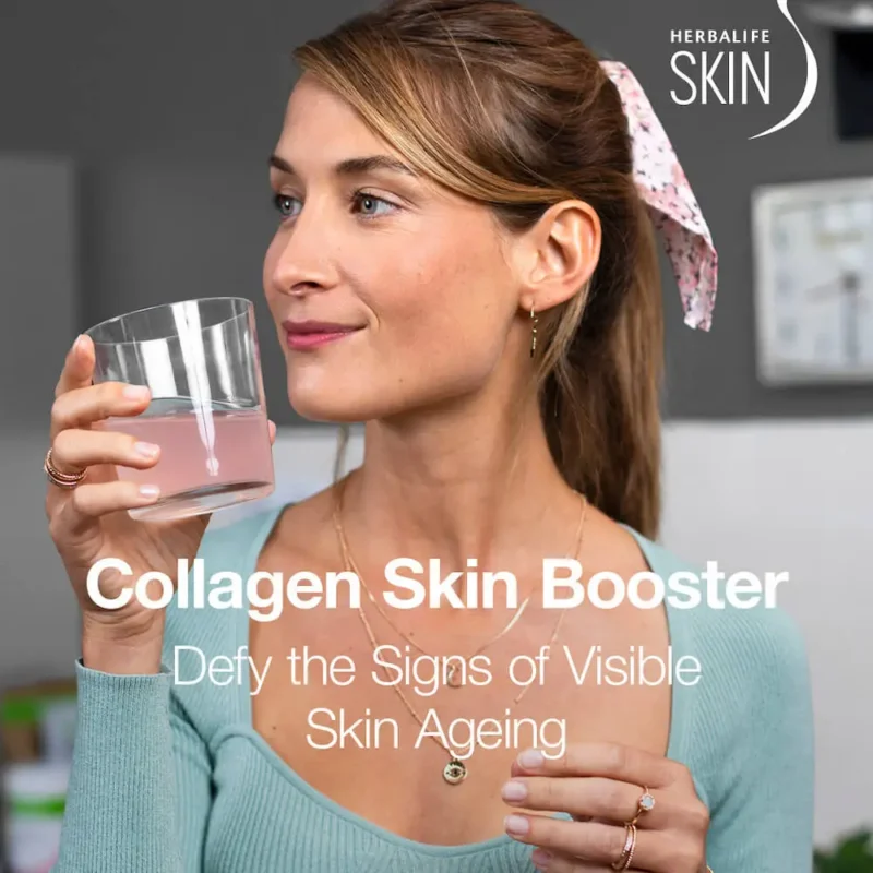 lady drinking Herbalife collagen skin booster product