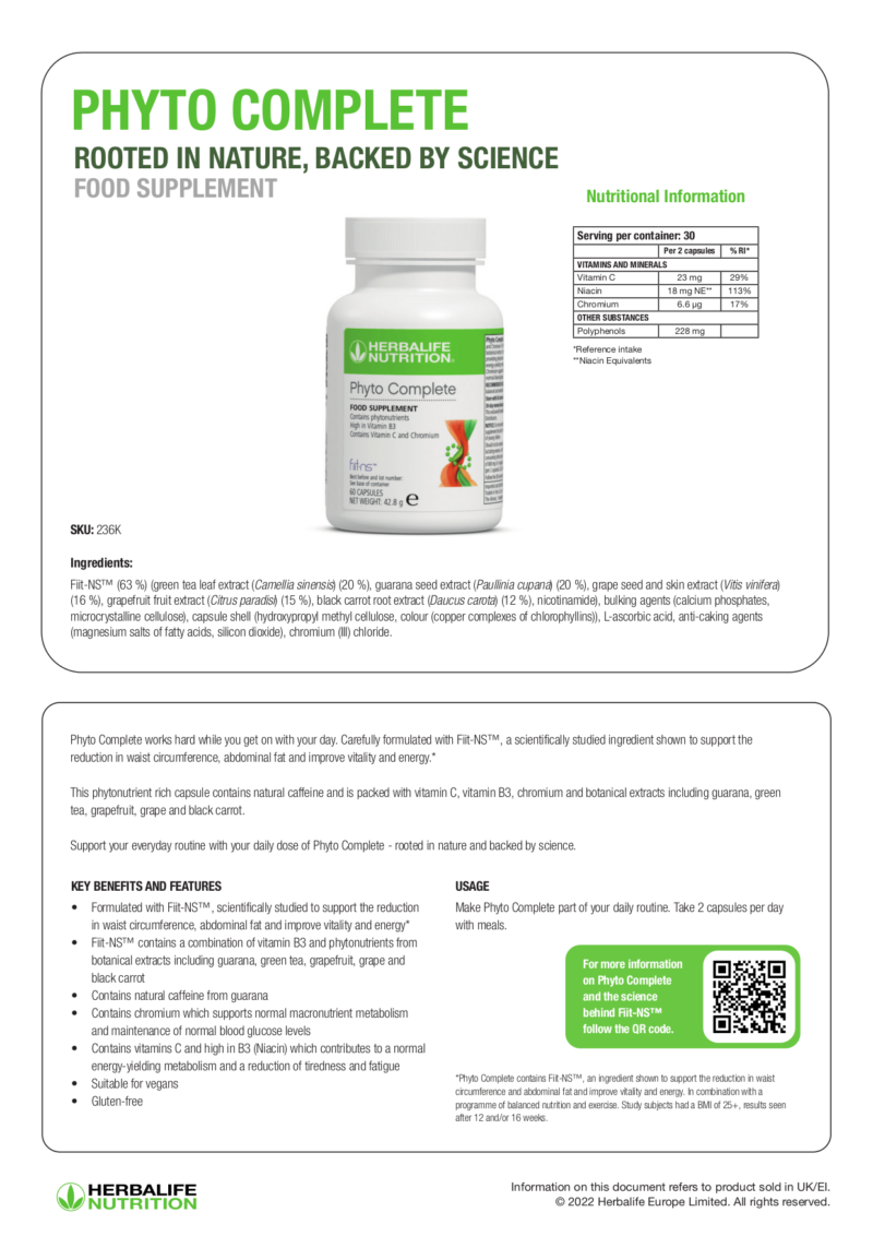 herbalife nutrition product phyto complete fact ingredient sheet